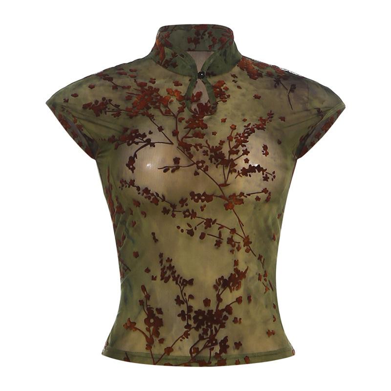 European and American spring new women's clothing fashion printing slim cheongsam collar personalized perspective sleeveless waist top women