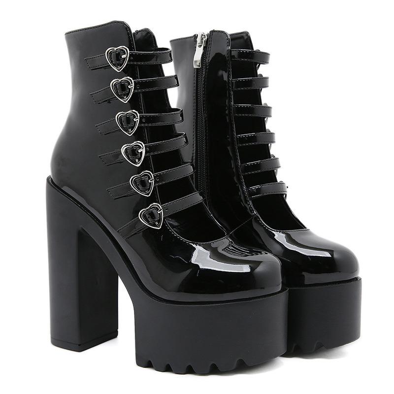 Modne Szpilki na Blokowym Obcasie dla Kobiet Modne Paski z Klamrami Wzór Serca Buty Wieczorowe Zapięcie Boczne Szpilki Buty Mary Jane Styl Uliczny