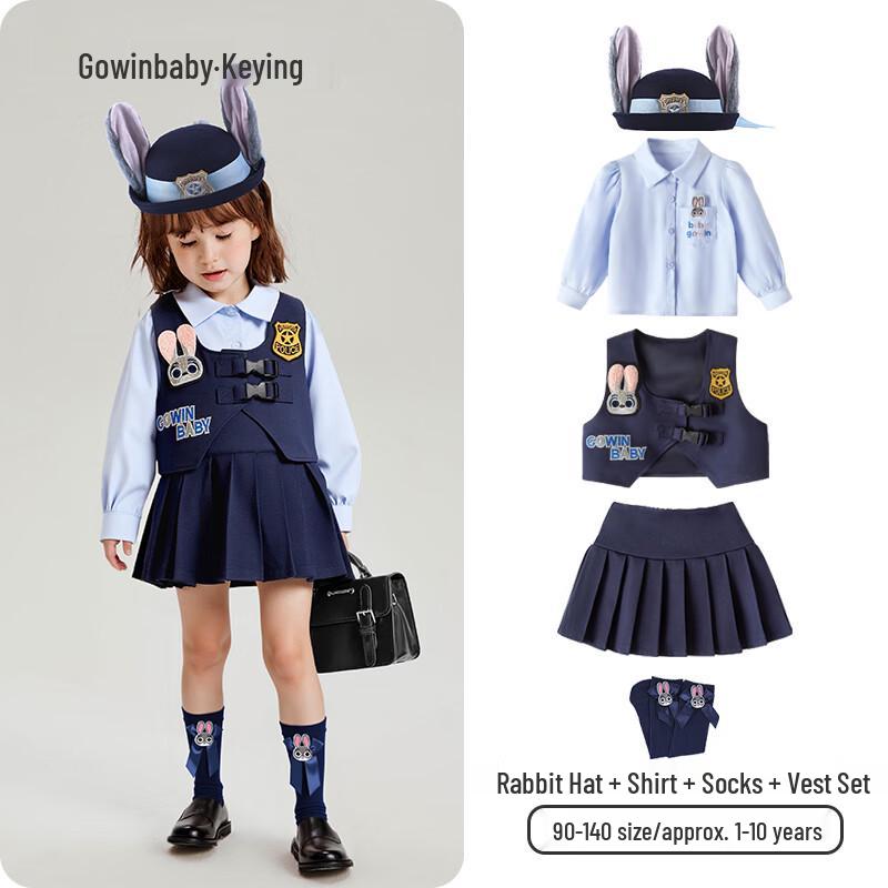 Girls' Preppy Rabbit Police Theme Spring Outfit