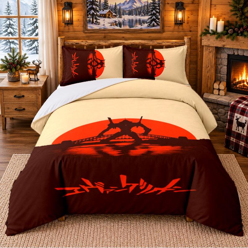 Neon Genesis Evangelion Pattern Bedding 3Pcs Set Bed Sheet And Pillowcases For Indoor Bedroom