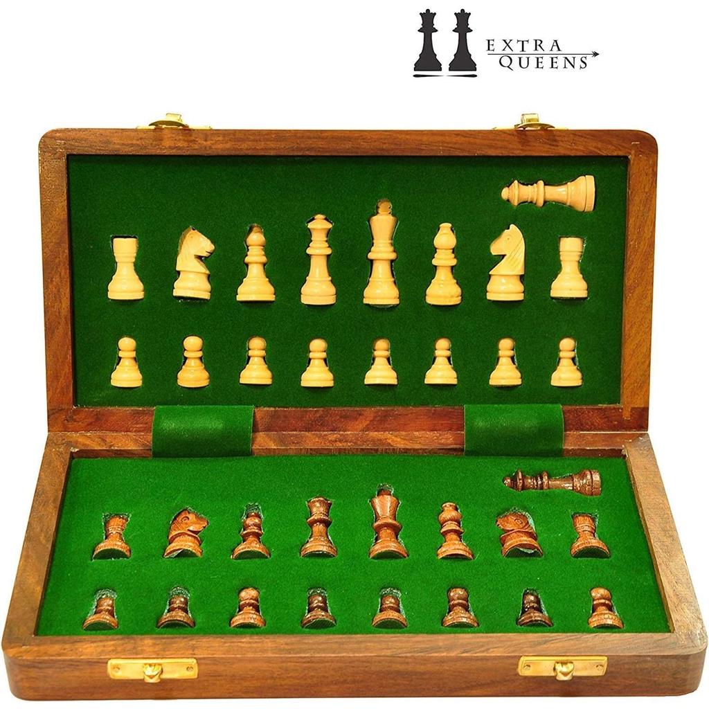 Wooden Handcrafted Foldable Magnetic Chess Board Set with Magnetic Piece and Extra Queens for 2 Players Kids and Adults (10x10 Inches, Brown).
