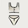 Black & White Minimalist High-End Split Swimsuit for Women with Button Decoration - 2024 Little Fragrance Style.