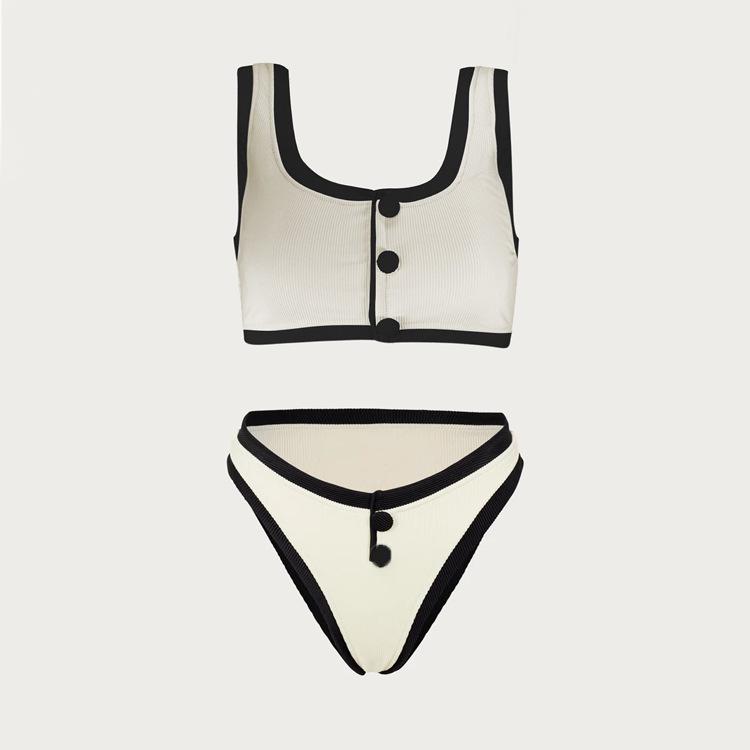 Black & White Minimalist High-End Split Swimsuit for Women with Button Decoration - 2024 Little Fragrance Style.