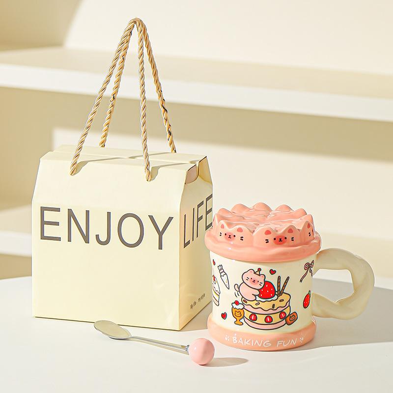 Hand drawn Birthday Cake Cute Cat Mug Office High Looking Girl Water Cup with Lid Home Couple Ceramic Cup