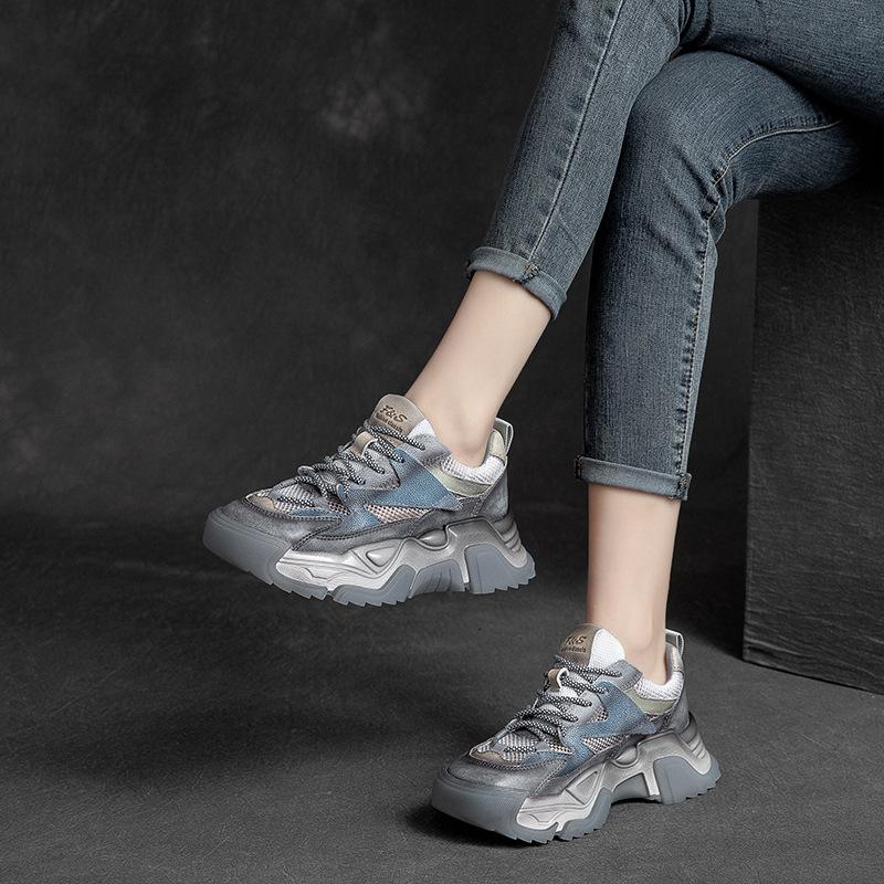 

Fashion 5CM Air Mesh Genuine Leather Chunky Sneaker Flats Booties Autumn Sneaker Women Comfy Spring Summer Mixed Color Ankle Boots Shoes 40 синий