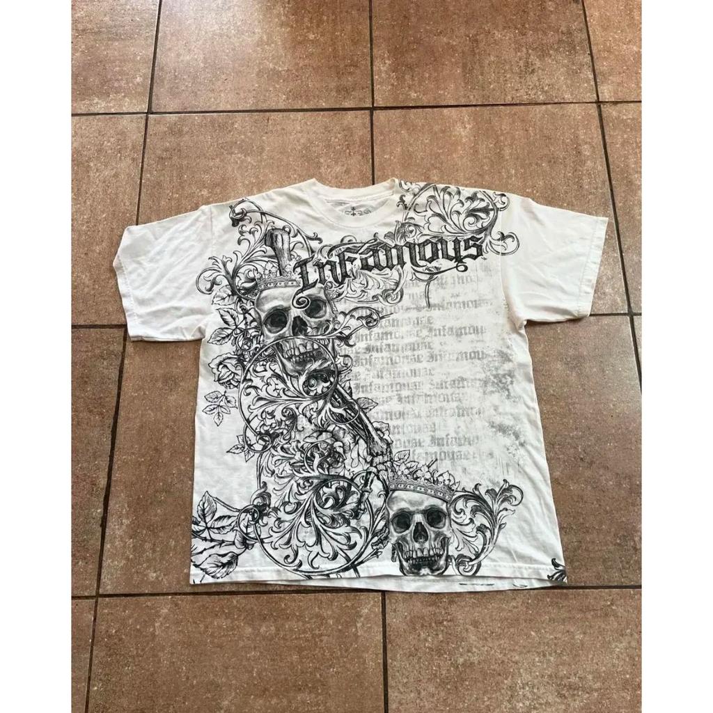 ZYLLO Retro Punk Hip Hop Graphic Print Oversized T Shirt Mens New Round Neck Short Sleeve Tops