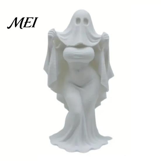 Draped Skirt Halloween Figure 3D Printed Ghost Bride Statue Ornament, Female Sculpture with Resin-like Craft Stable Base, Decorative Minimalist Spooky