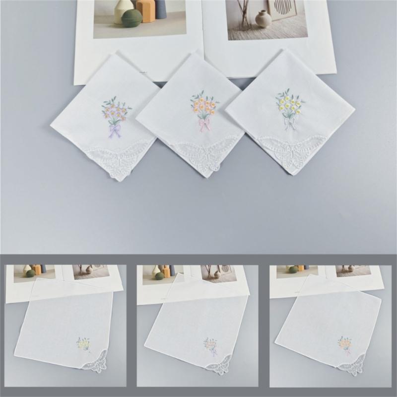 Multicolor Cotton Handkerchiefs Set for Women Embroidered Flower and Butterfly Lace Edge Portable Pocket Square Towel
