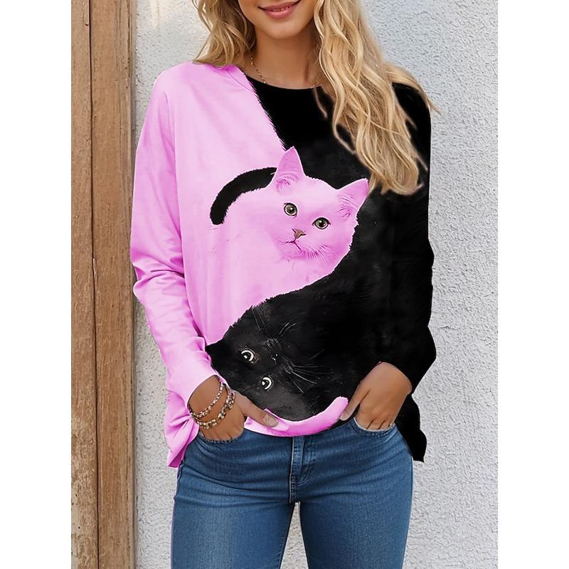 Women's T shirt Tees Color Block Cat Black White Print Long Sleeve Daily Weekend Funny Round Neck Regular Fit Spring