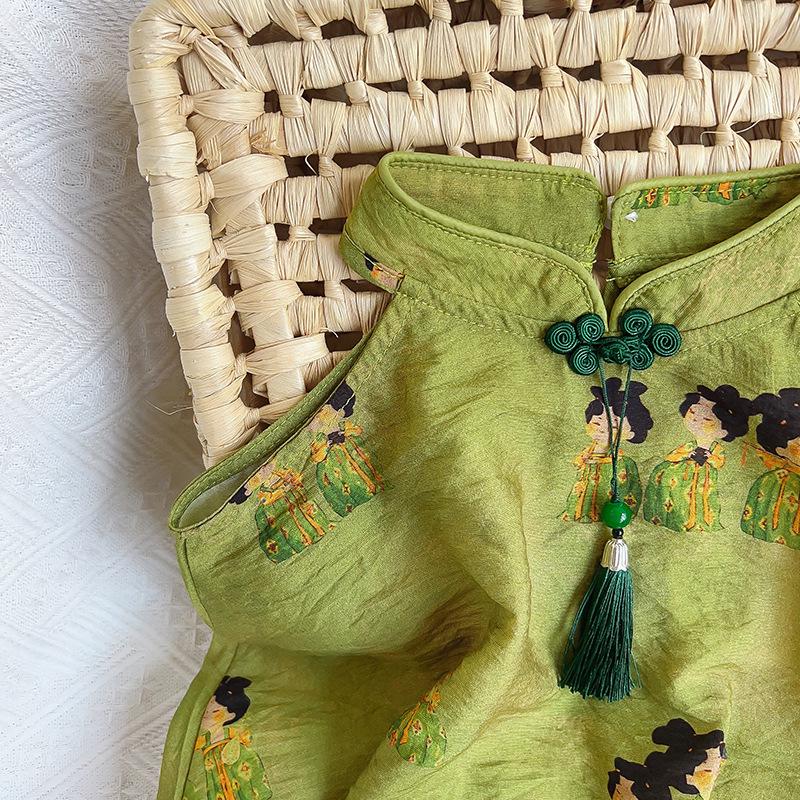 Girls' Chinese-Style Camisole and Shorts Set - Summer Collection