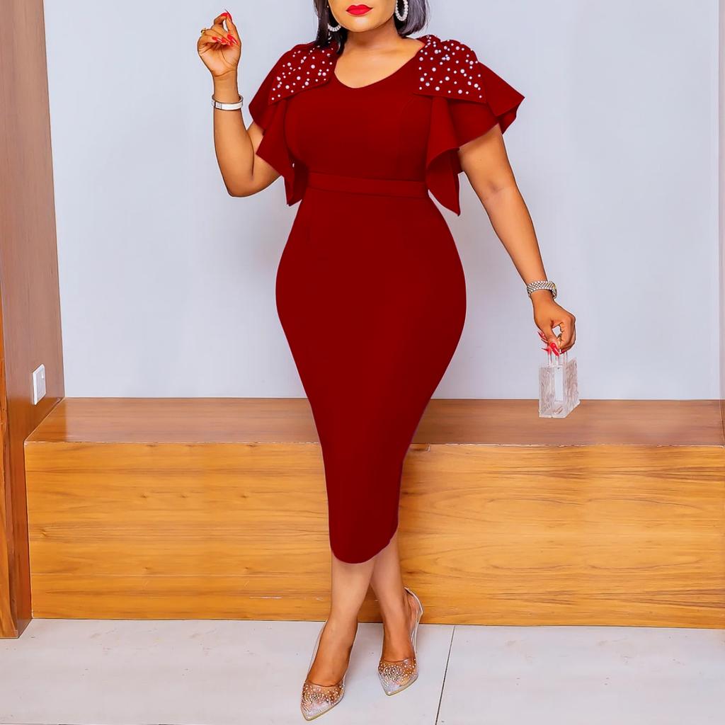 Sommerkleid für Damen in Übergröße, modisch, mit Perlen besetzt, Rüschen