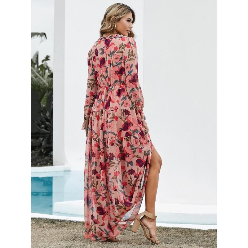 Women Floral Print Long Sleeve V Neck Ruffle Trim Tiered Chiffon Maxi Dress Boho Casual Beach Vacation Wedding Guest Evening Party Elegant Long Dress