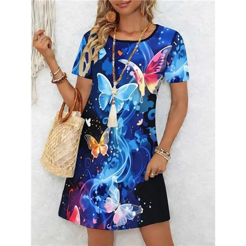 Fashion Women's Crew Neck Dress 3D Butterfly Color Printed Butterfly Dress