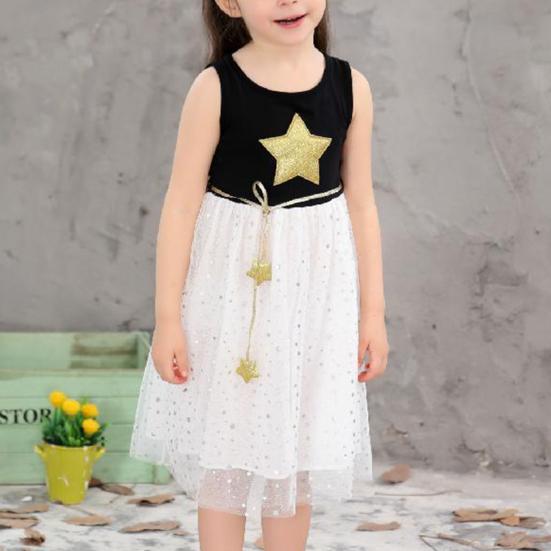 Sleeveless Dress Gold Star Print Soft Pullover Girls Mesh Stitching Dress for Vacation