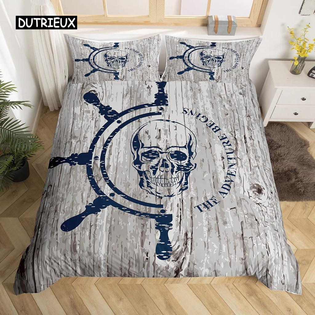 Skull Bedding Duvet Cover Set, White and Black Boho Gothic Skull Skeleton Bones Theme Bed Comforter Cover for Adults Decor