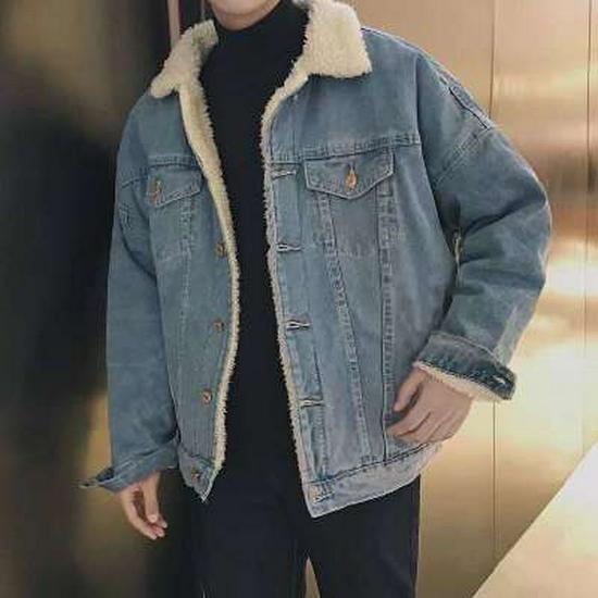 Men's Korean Style Winter Lambswool Denim Jacket - Fleece Lined, Thick Cotton Coat.