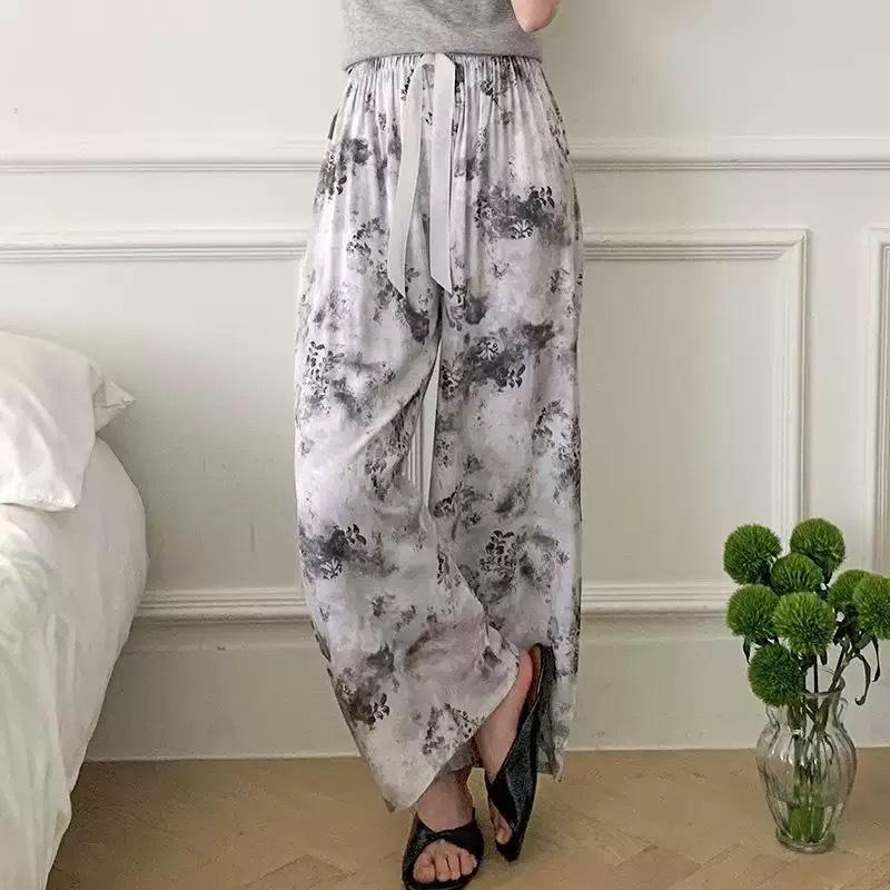 Damen-Blumen-Baumwoll-Seiden-Pyjama - Große Größen, Sommer, Leicht, Für draußen, Gerades Bein, Lockerer Schnitt
