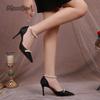 Fashion Elegant Women's High Heeled Pumps Pearl Beaded Ankle Straps Pointed Toe Bride Wedding Shoes Black White Satin Heeled Sandals