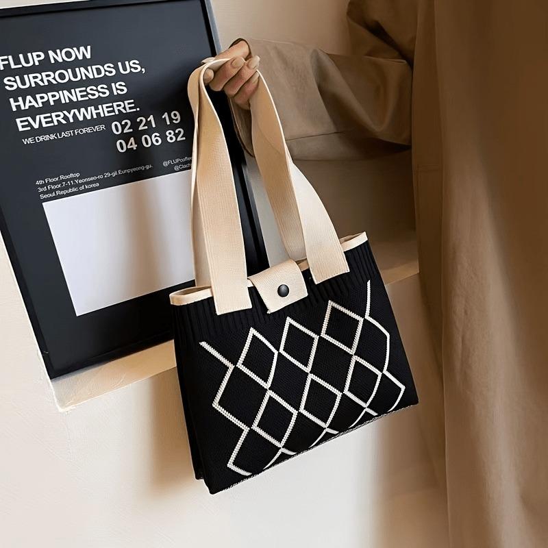 Women's Geometric Tote Bag - Foldable Shoulder Bag with Snap Closure, Black & White Pattern, Fixed Strap, Mixed Colors, Hand Wash/Dry Clean