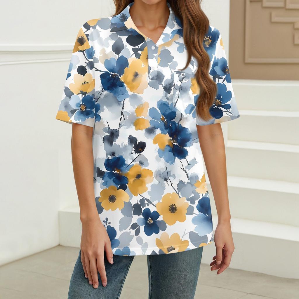 Damenmode Lässig Knopf Tasche Hemd Kurze Ärmel Druck Revers Oberteil