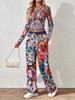 Floral pattern printed women's V-neck long-sleeved trousers set Comfortable casual versatile slim two-piece set