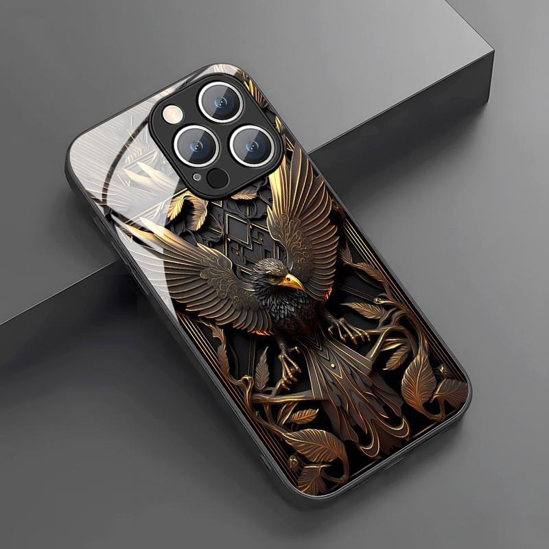 Phone Case For iPhone 17 Pro Max 11 12 13 14 15 16 Pro 17Air 16E 7 8 16 Plus XR XS X Luxury Eagle Pattern Tempered Glass Cover
