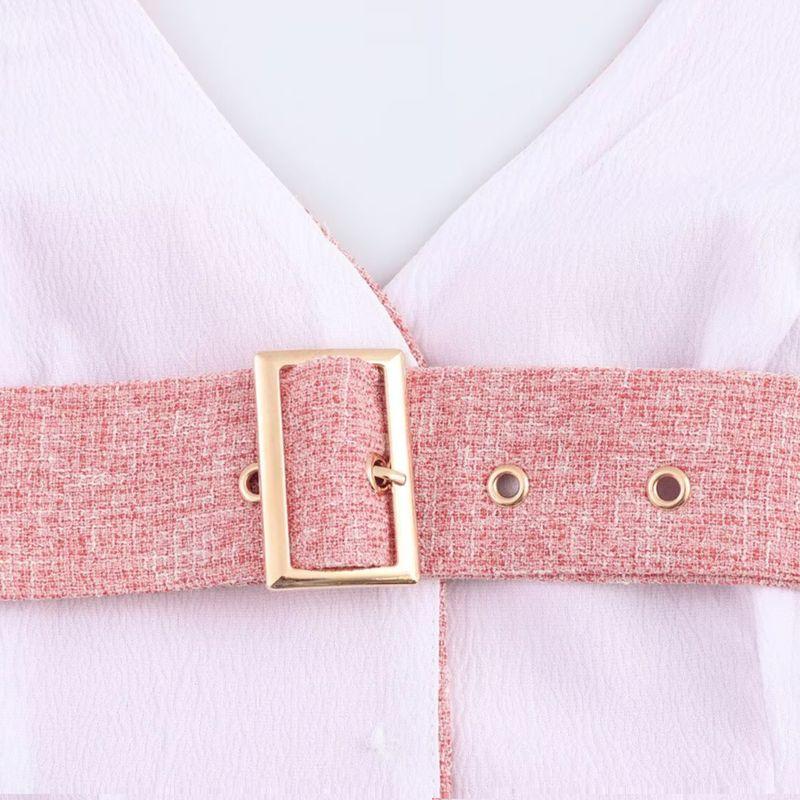 Kaslead New Women Clothes Western Style Graceful Tweed Stitching Pleat Hem Hanging Neck Dress