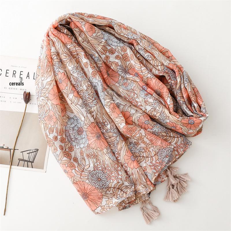 Yitao Soft Pink Floral Scarf - Cotton & Linen Feel with Silver Silk Accents, Fashionable Ladies' Shawl