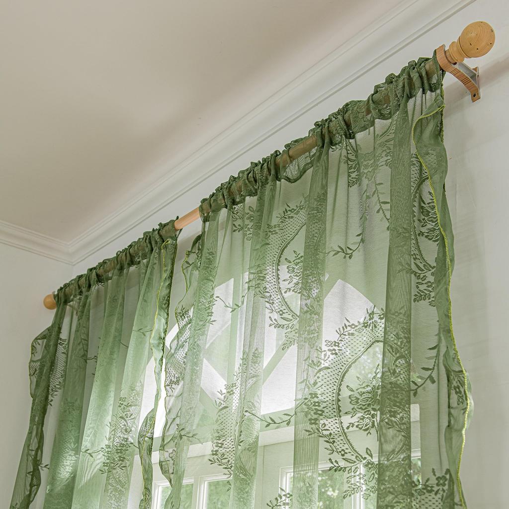 Cortinas verdes de encaje estilo campestre, ramas de espejo, decoración de ventana para sala de estar, dormitorio