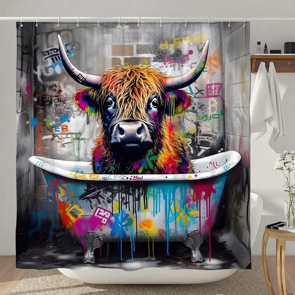Highland Cow Shower Curtain Farmhouse Funny Bull Rustic Western Watercolor Spring Florral Cute Animal Plant Kids Bathroom Decor