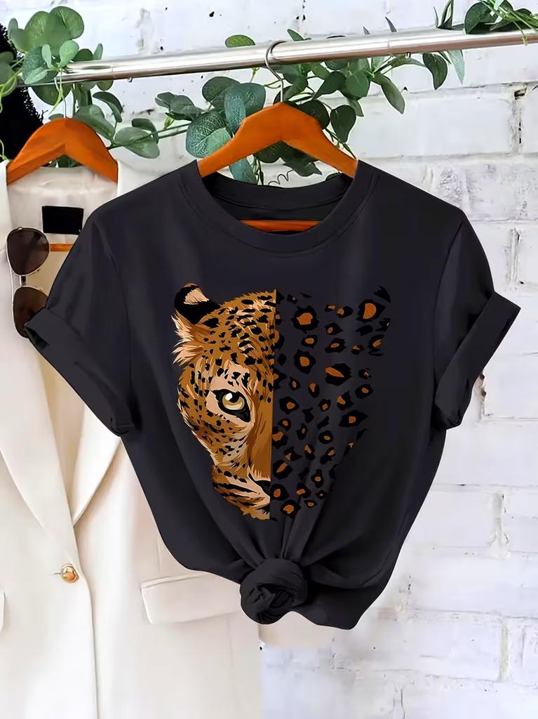 Women Casual Sports Short Sleeve Tee Leopard Print Round Neck Comfortable Durable Versatile for Daily Wear Gym Travel