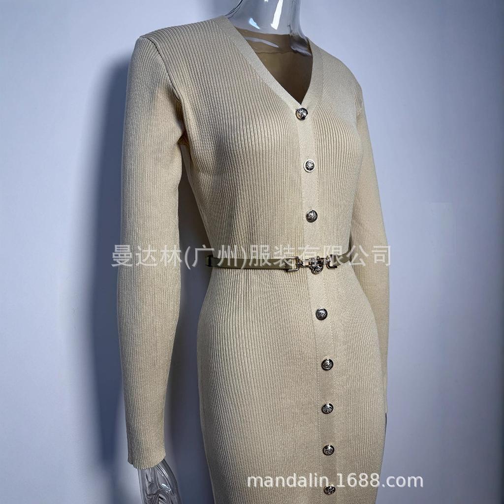 Women's V-Neck Knit Dress with Metal Buttons and Waist Belt, Side Slit, Casual Elegant Long Sleeve Sweater Dress
