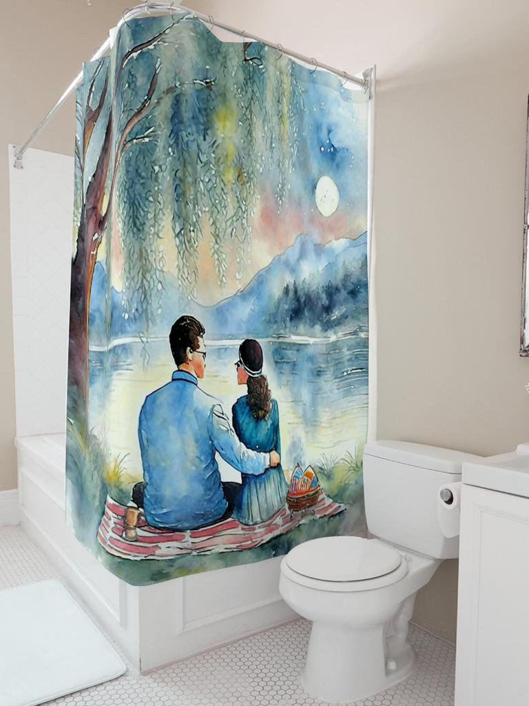 Romantic Couple By The Lake Waterproof Shower Curtain