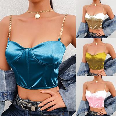 Verano Sexy Mujer Satén Bustier Top Correa de Cadena Casual Acolchado Lencería