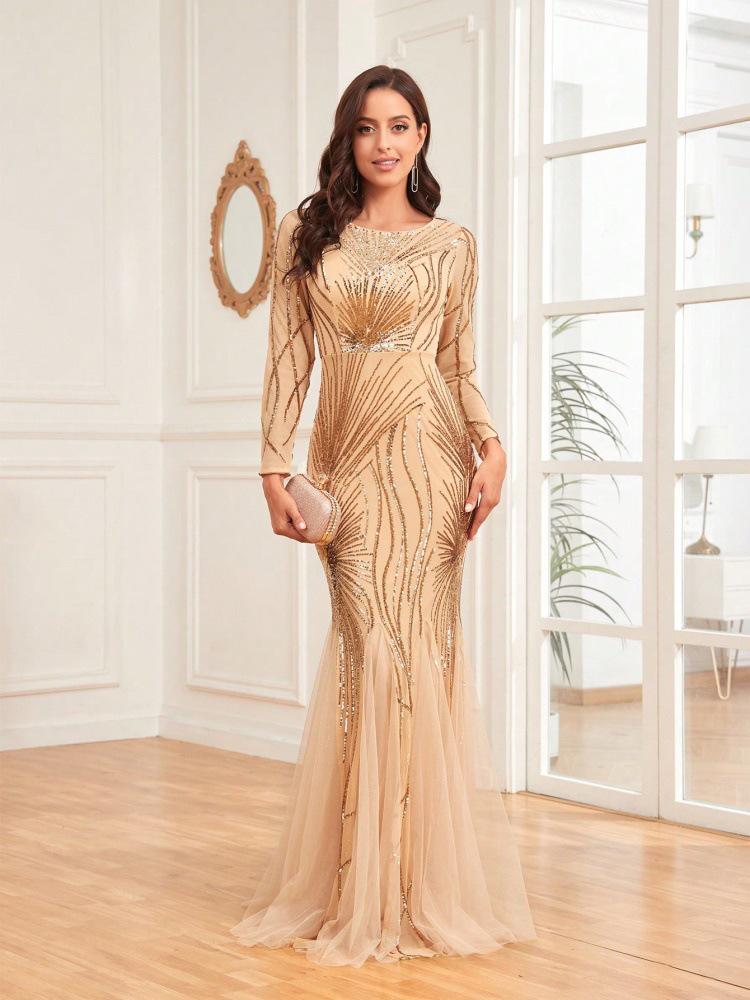 Elegante Vestido de Festa Longo de Manga Comprida Ajustado Cauda de Peixe para Madrinha