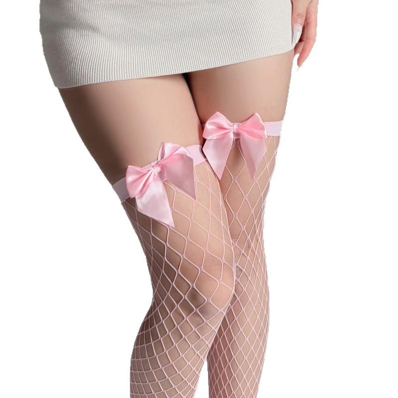 Pink Fishnet Bow Stockings - Cute & Sexy Medium-Large Hole, Long Stockings for European & American Trend