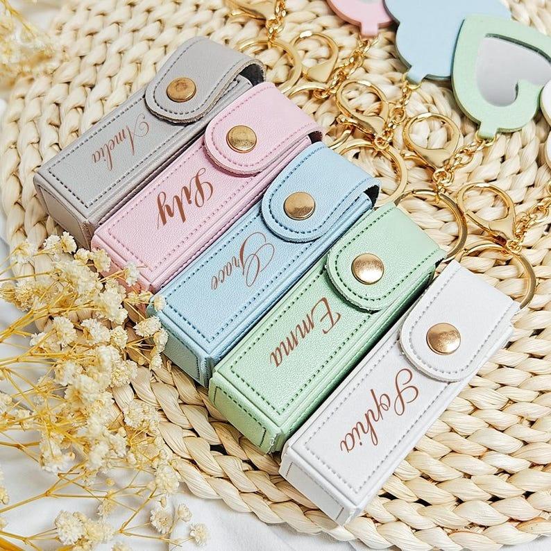 Custom Print Women Mini Portable Lipstick Storage Case Keychain Lipstick Bags With Heart Mirror