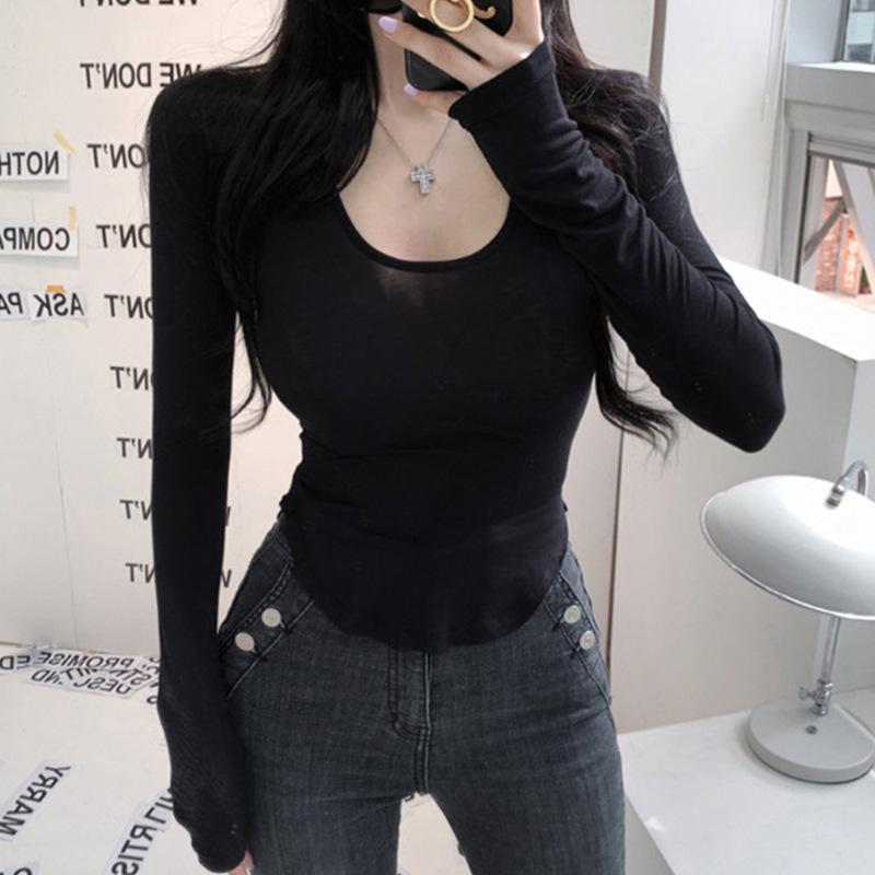 Korean Dongdaemun Sexy Low-Cut Bust-Enhancing Long-Sleeve Top