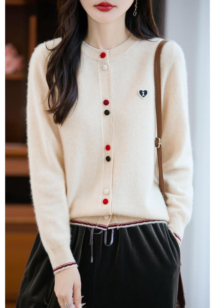 Women's Loose Round Neck Wool Cardigan with Colorful Buttons