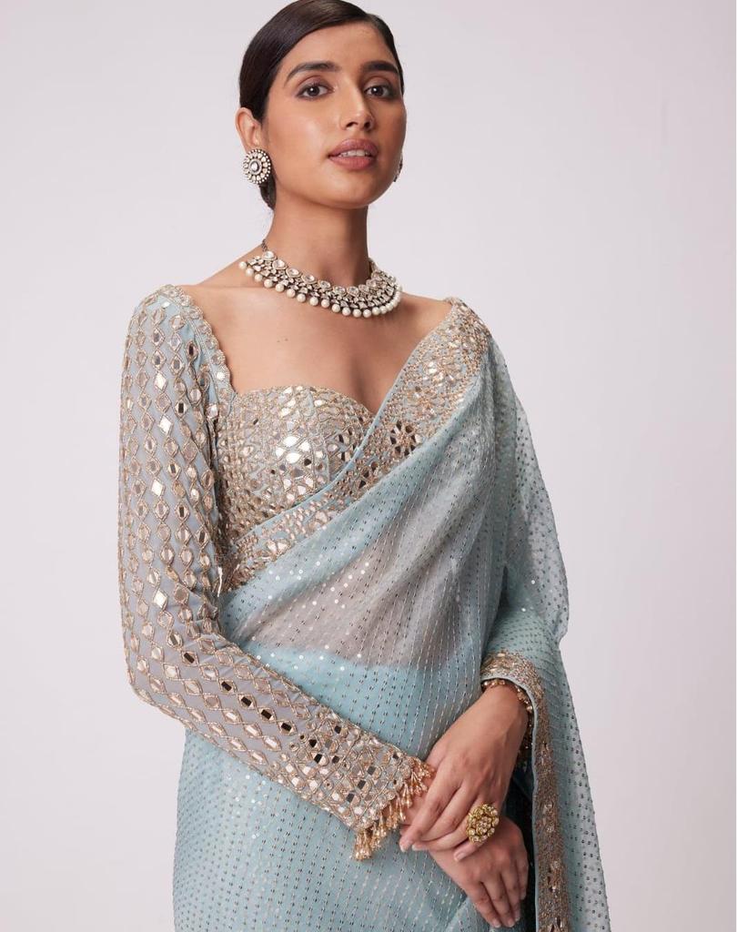 Indian Pakistani BlockBuster Original Mirror Design Sari Women Bollywood Ethnic Saree Blouse