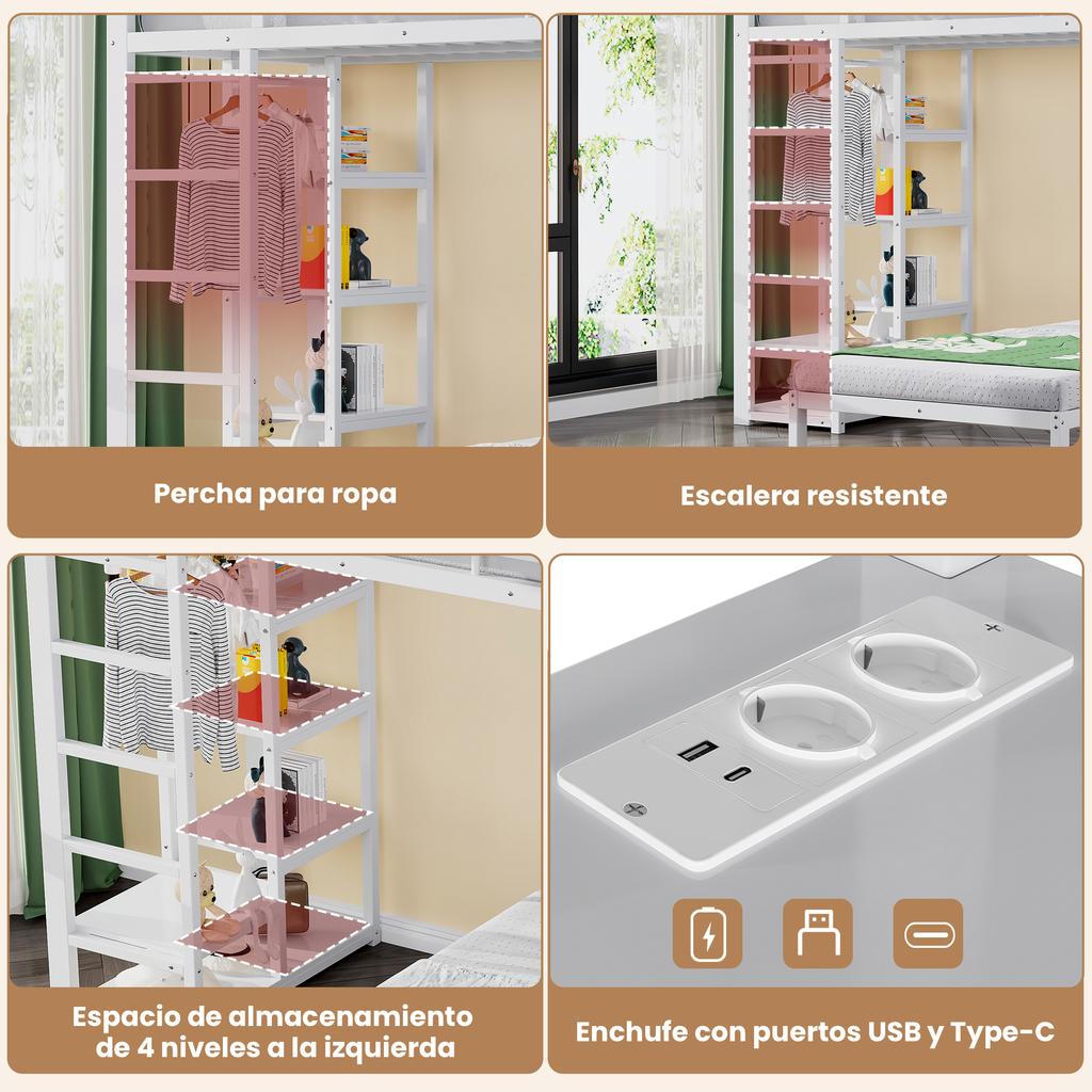 Two Sleeping Places, Loft Bed, Iron Frame, 90 x 200 cm, Desk, Socket USB and Type-C Port, Shelves, Clothes, EN747 Certified, Without Mattress, White
