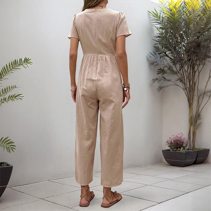 Women's Summer Casual Holiday Style Hundred Solid Colours V-Neck Waist Button Pocket Bubble Sleeve Jumpsuit