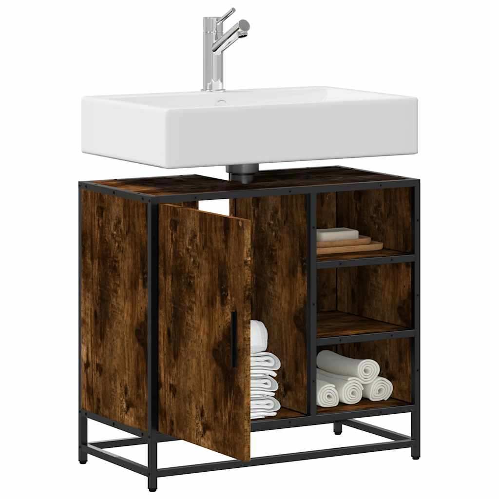 Bathroom Vanity Unit In Smoked Oak Finish 65 X 33 X 60 Cm Engineered Wood