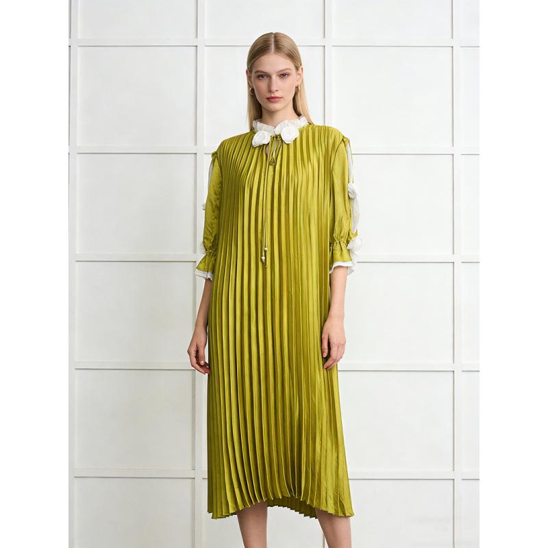 

Miyake Retro Elegant Pleated Beaded Dress - Plus Size Women s Clothing One Size жовтий/бірюзовий