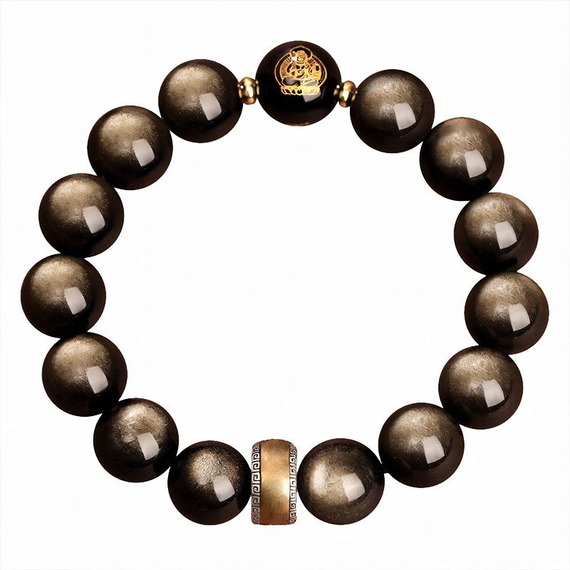 7A Grade Natural Gold Obsidian Zodiac Guardian Buddha Bracelet for Men and Women - Benming Year Black Obsidian Jewelry