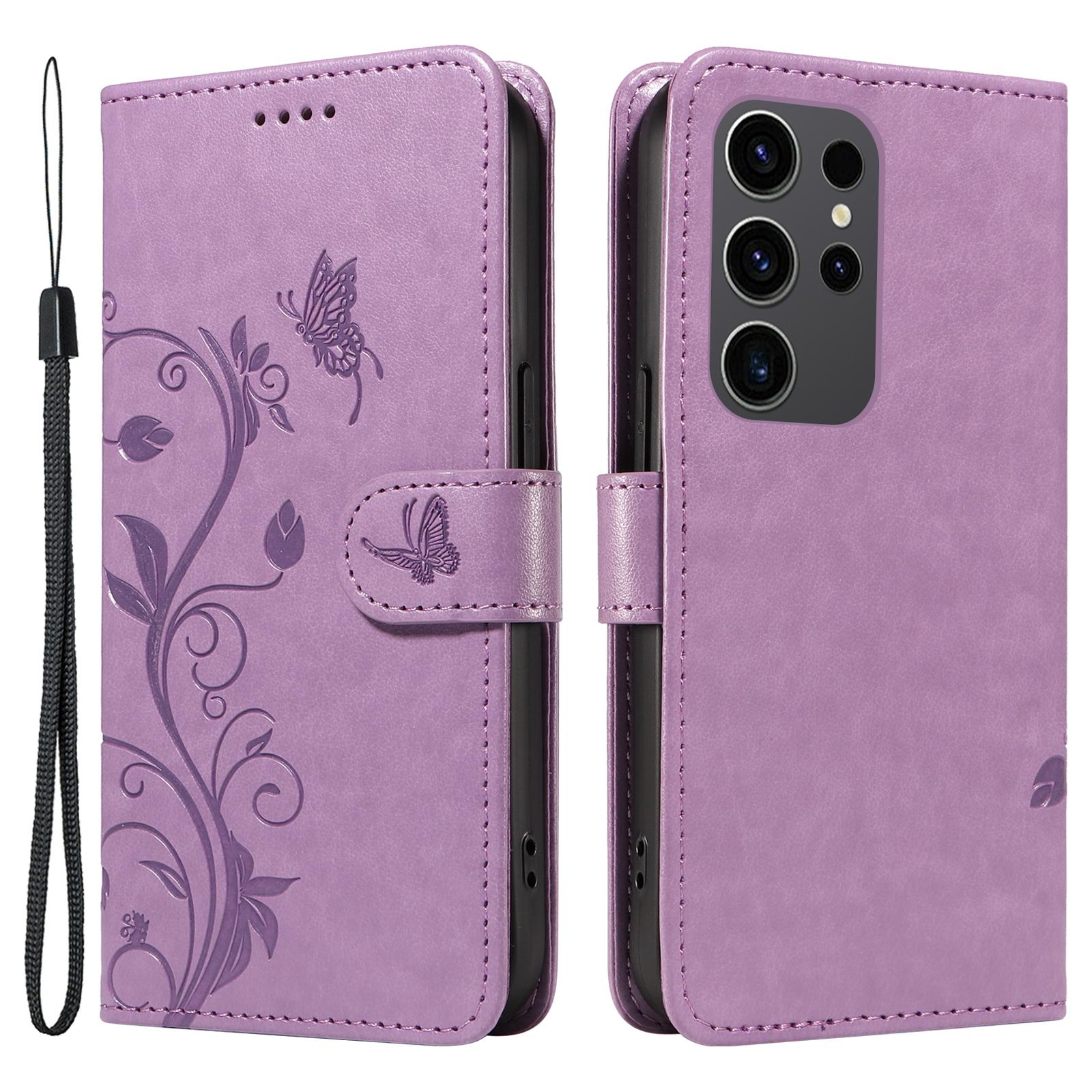 

For Samsung Galaxy S24 Ultra PU Leather Cases Flower Pattern Wallet Stand Phone Cover with Strap Purple