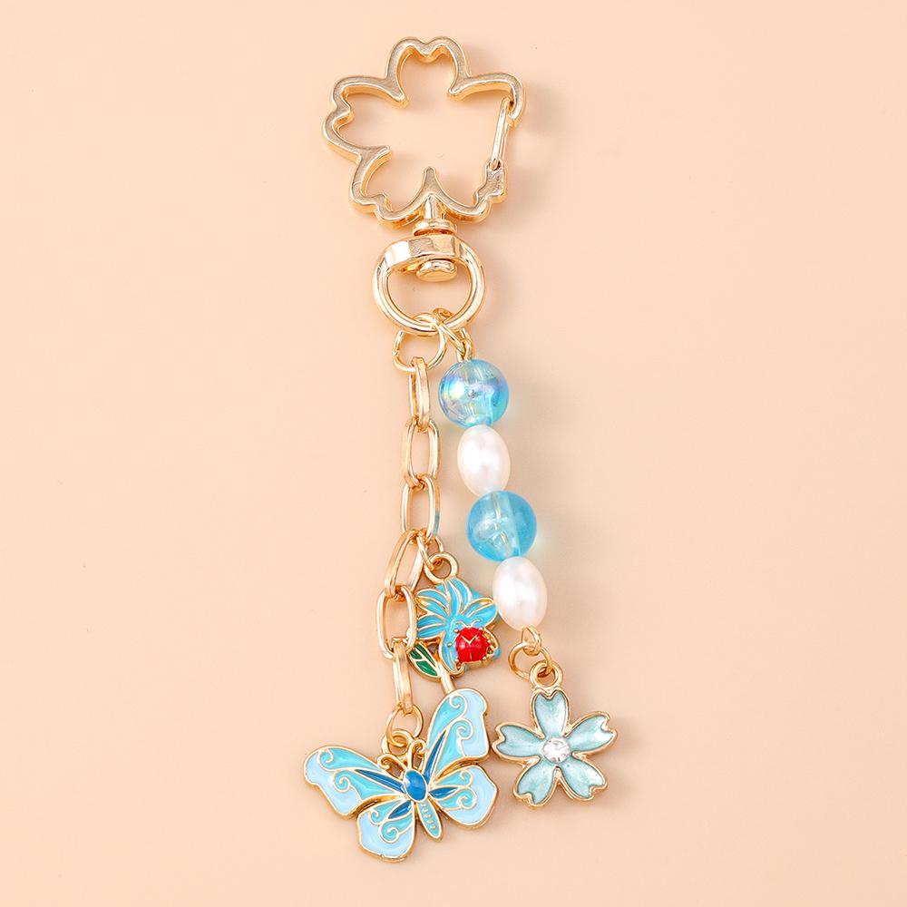Cute Enamel Flower Butterfly Keychain Women Girls Beads Pearl Key Ring Pendants for Handbag Decor DIY Handmade Jewelry Gifts