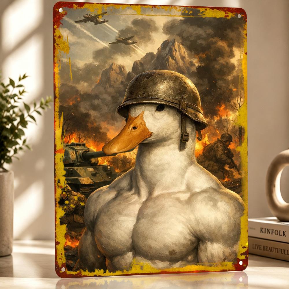 Muscular Duck Soldier In War Scene Personalized D Textured Metal Poster Wall Art Tinplate Sign for Luxury Decoration Home Room