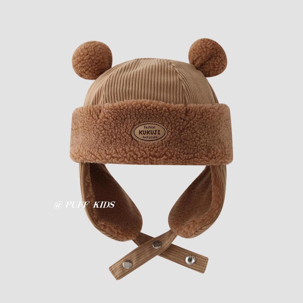 Children's Winter Hat with Fleece Lining, Windproof Corduroy Design, and Lambswool Ear Protection