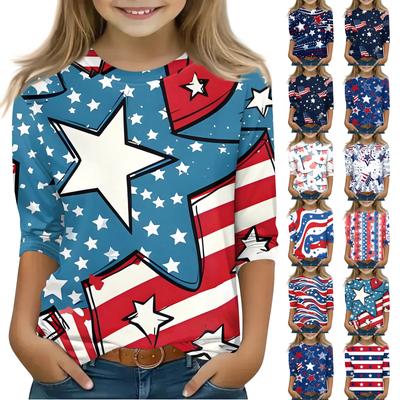 Print Tops For Youth Girls 3-10 Years Round Neck 3/4 Sleeves T-Shirts Trendy Tops Outfit Tees
